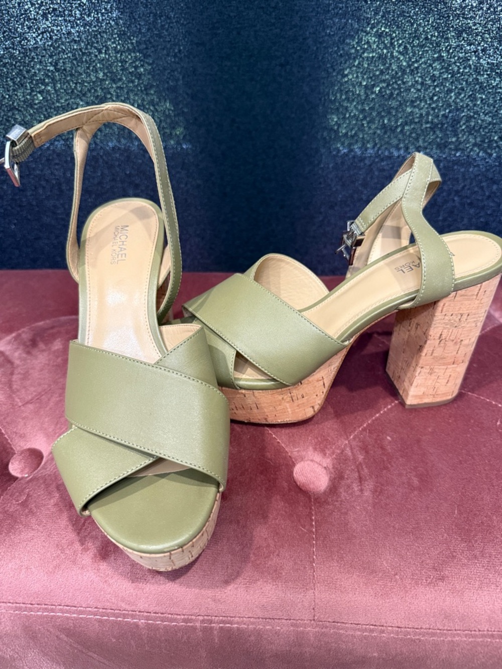 Michael Kors Olive Platform Cork Block Heel Sandals